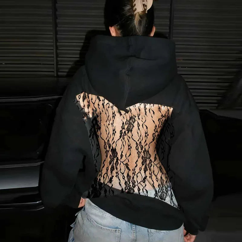 Sexy backless sweatshirt with hollowed out splicing pullover sweatshirt casual long sleeved solid color hooded sweatshirt