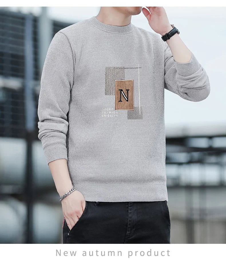 Autumn Winter Fashion Sweater Men's Round Neck Pullovers Fleece Thick Warm Jumpers Pattern Patchworked Men's Clothes