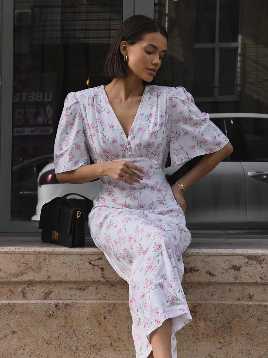 New Summer Women's Printed Short Sleeved Long Dress,Casual Dress,Woman's Clothing,Floral Dresses,White Dresses