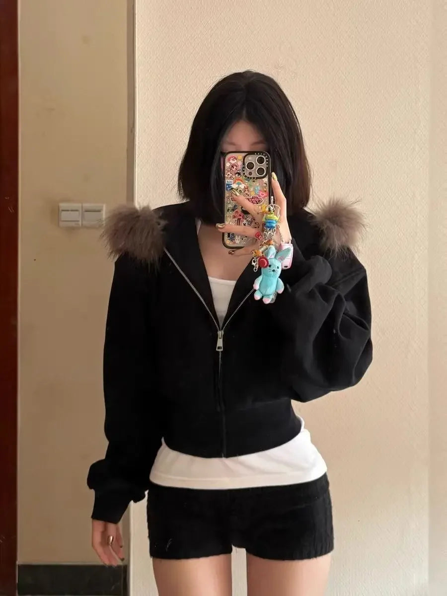 Black Fur Collar Zipper Sweatshirt Simple Fashion Furry Collar Zipper Hooded Sweatshirt Vintage Y2k Zipper Hooded Sweatshirt