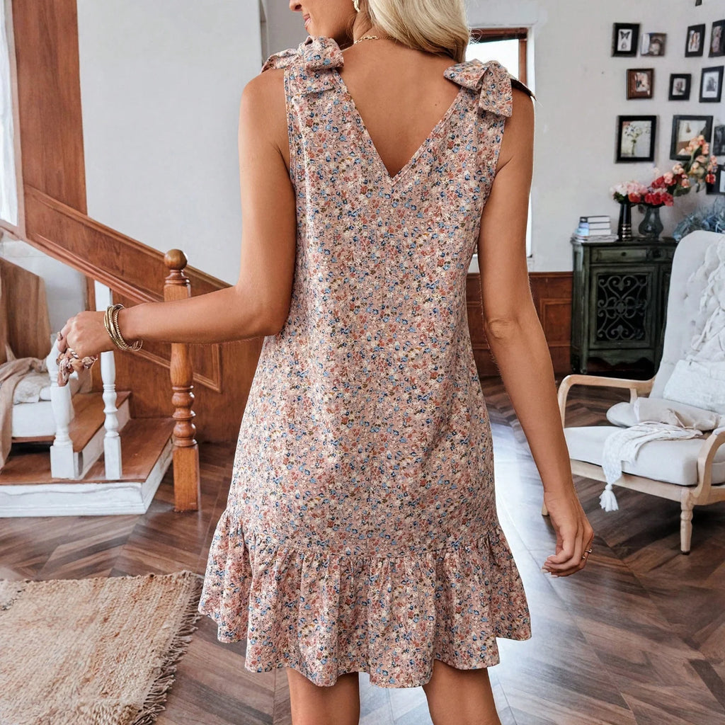 Fashion Floral Dresses for Women Elegant V-neck Bow Vest Dress Casual Loose Ruffle Summer Dress Loose Knee-length Dress