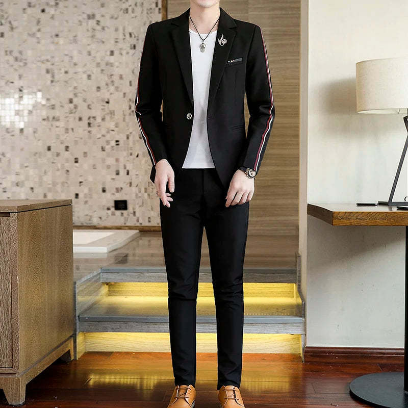 Suit  (Blazer+Pants) Men's Fashionable Checked Travel Gentleman Wedding Fitted Business Trend Casual Korean-style Formal Wear