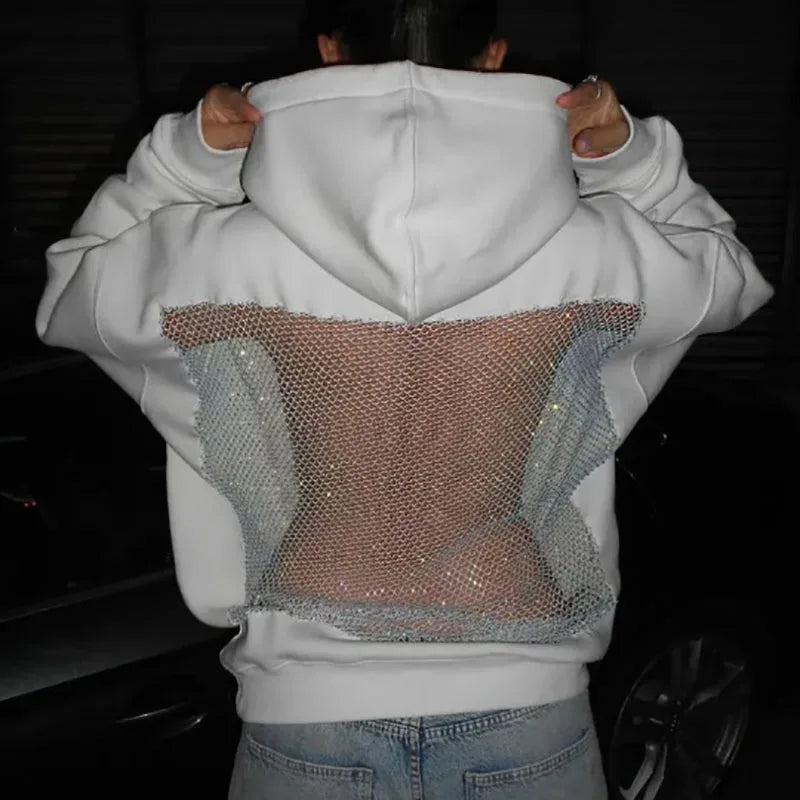 Sexy backless sweatshirt with hollowed out splicing pullover sweatshirt casual long sleeved solid color hooded sweatshirt