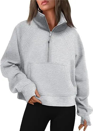 Women Sweatshirt  Stand Collar Spring Autumn Solid Color Hoodie Long Sleeve Pocket Loose Half Zip Sporty Pullover Streetwear Top