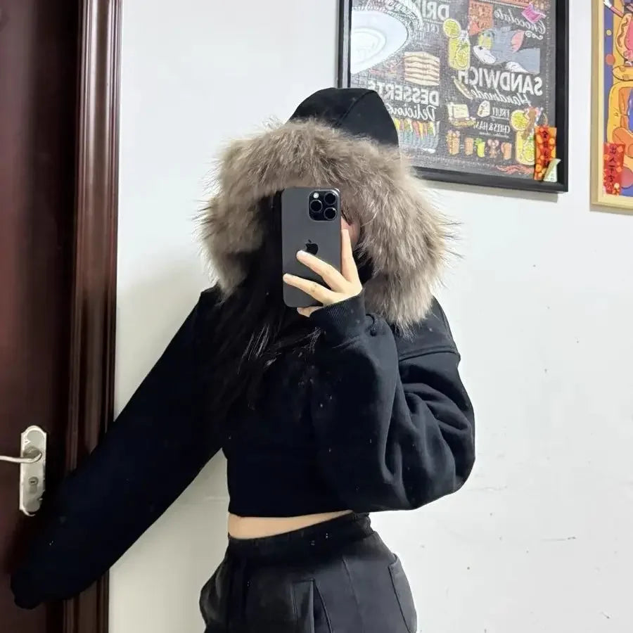 Black Fur Collar Zipper Sweatshirt Simple Fashion Furry Collar Zipper Hooded Sweatshirt Vintage Y2k Zipper Hooded Sweatshirt