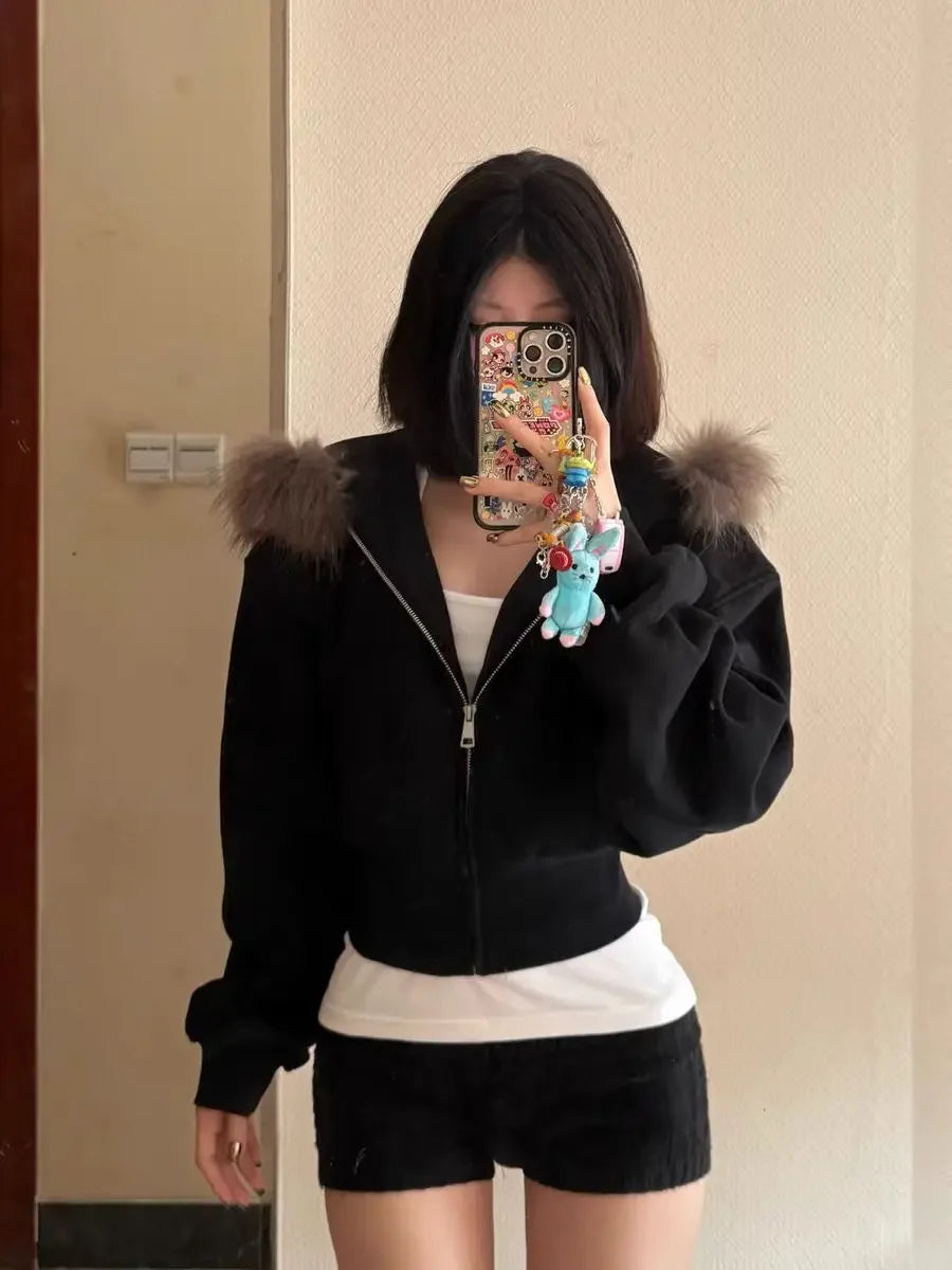 Black Fur Collar Zipper Sweatshirt Simple Fashion Furry Collar Zipper Hooded Sweatshirt Vintage Y2k Zipper Hooded Sweatshirt