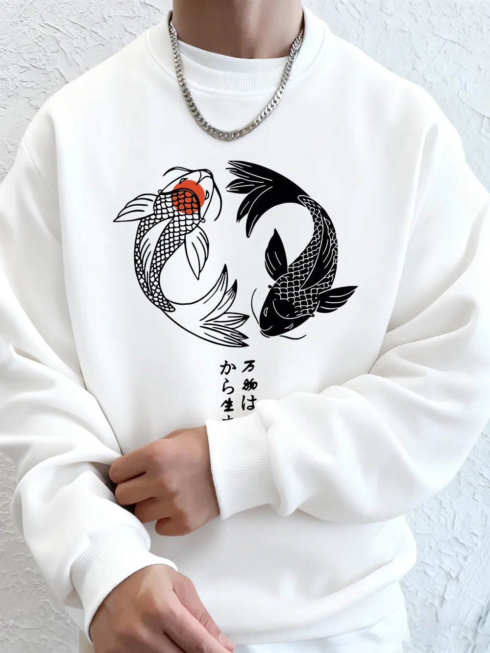 Japanese Koi Harajuku Printed Mens Sweatshirt Winter Crewneck Hoodies Street Fleece Warm Loose Streetwears Casual Men'S Clothes