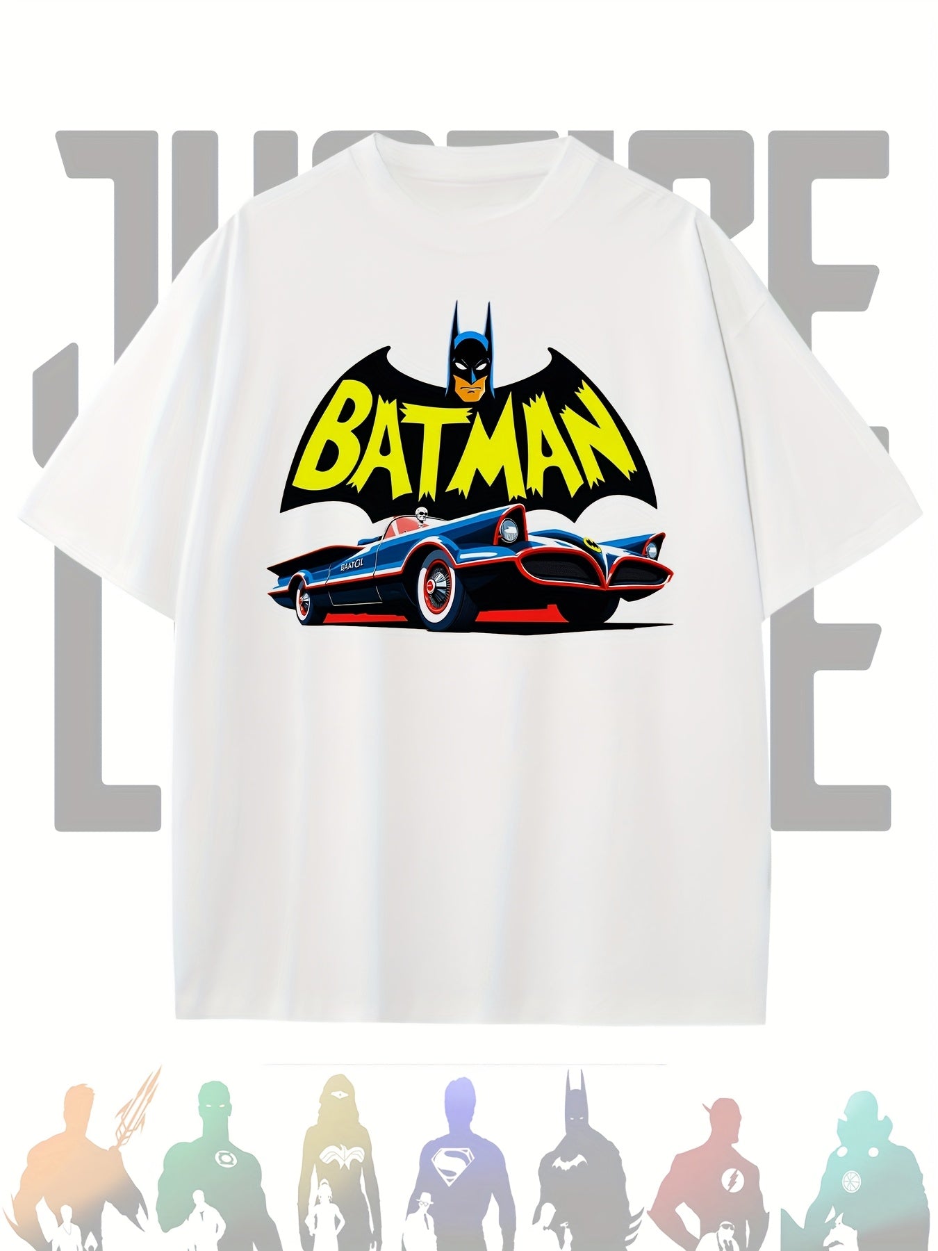 Men's Justice League Batman 1966 Batmobile Graphic T-Shirt - Soft Cotton Loose Fit Short Sleeve Tee with Retro Cartoon Superhero Design, Vintage Comic Book Style for Casual Wear & Comic Fans, Leisure Outfit, Comfortable Fit,