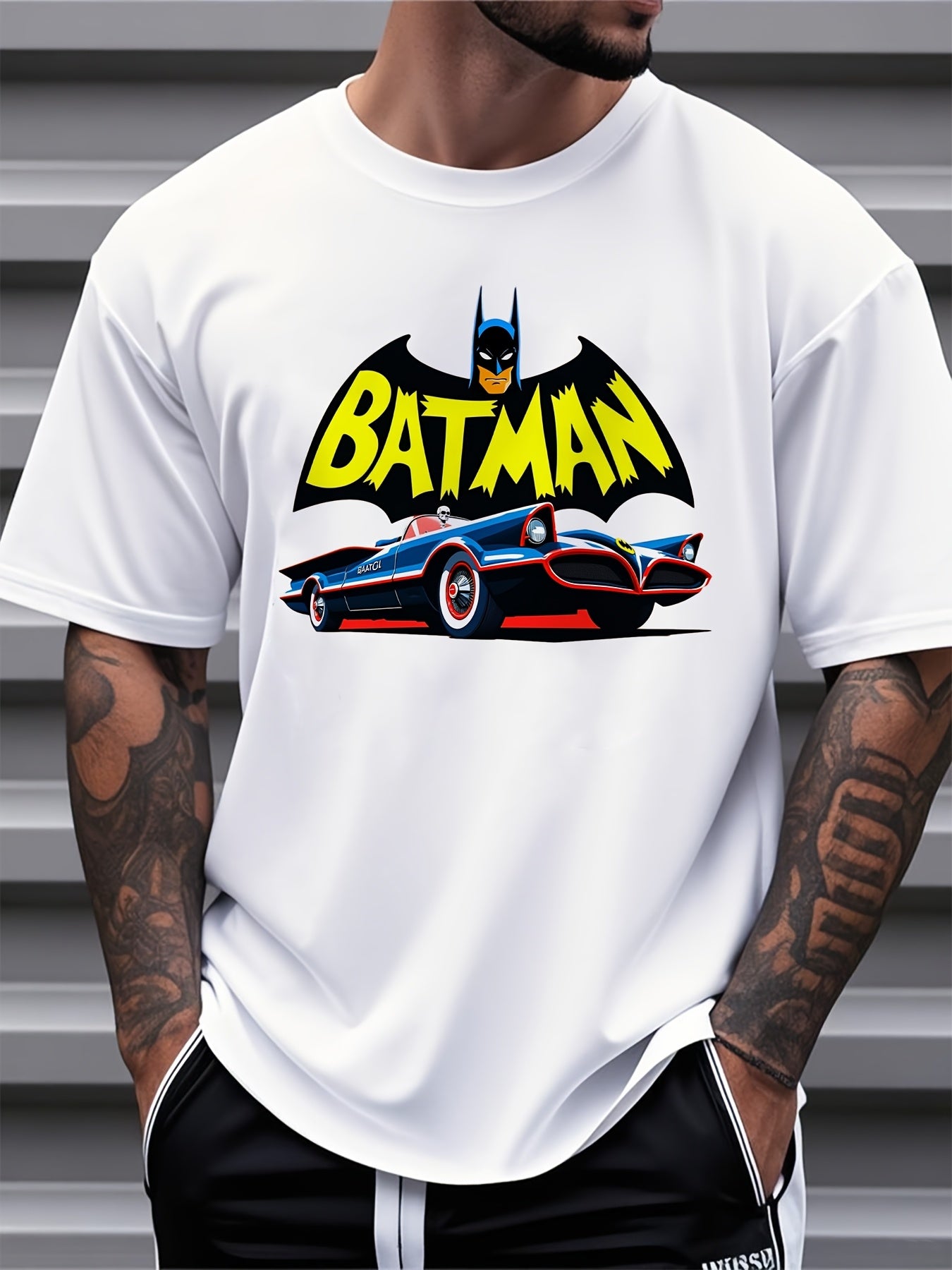 Men's Justice League Batman 1966 Batmobile Graphic T-Shirt - Soft Cotton Loose Fit Short Sleeve Tee with Retro Cartoon Superhero Design, Vintage Comic Book Style for Casual Wear & Comic Fans, Leisure Outfit, Comfortable Fit,