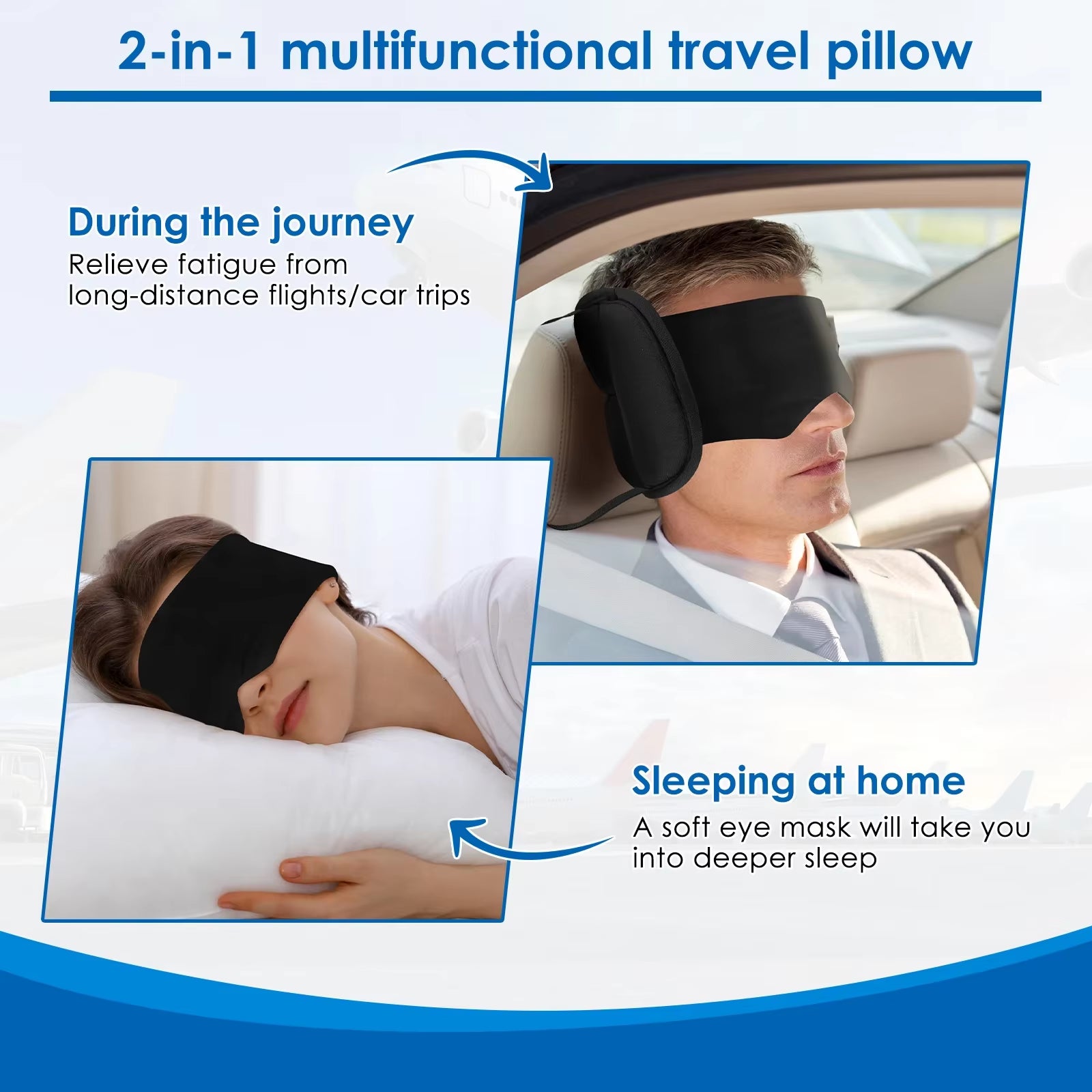 2 in 1 Travel Pillow Cotton Comfortable Neck Headrest with Eye Mask and Storage Bag 360° Support Airplane Pillow for Travelling