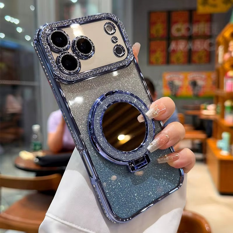 For Magsafe Glitter Diamond Mirror Bracket Case for Iphone 17 16 15 Pro Max 14 plus Air 11 12 13 Stand Make up Lens Film Cover