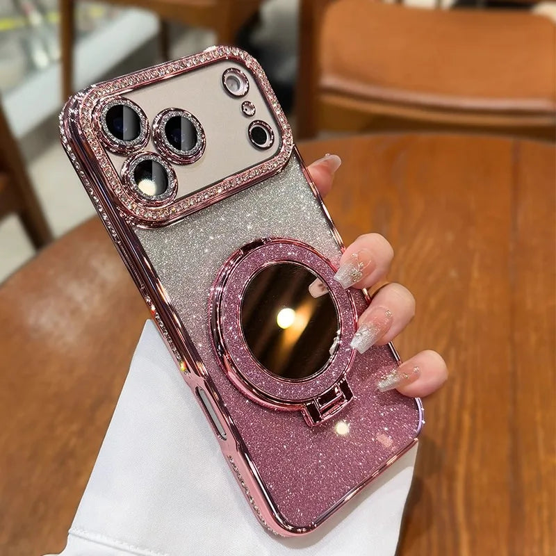 For Magsafe Glitter Diamond Mirror Bracket Case for Iphone 17 16 15 Pro Max 14 plus Air 11 12 13 Stand Make up Lens Film Cover