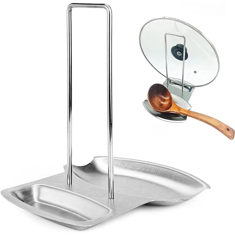 Stainless Steel Pot Lid Rack and Spoon Rest Holder Kitchen Tool for Organizing Cooking Utensils Sleek Silver Design for Countert