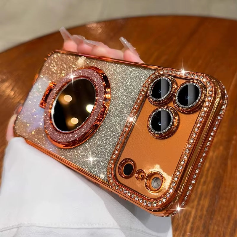 For Magsafe Glitter Diamond Mirror Bracket Case for Iphone 17 16 15 Pro Max 14 plus Air 11 12 13 Stand Make up Lens Film Cover