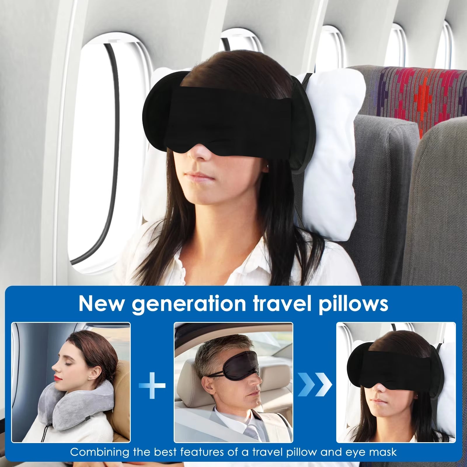 2 in 1 Travel Pillow Cotton Comfortable Neck Headrest with Eye Mask and Storage Bag 360° Support Airplane Pillow for Travelling