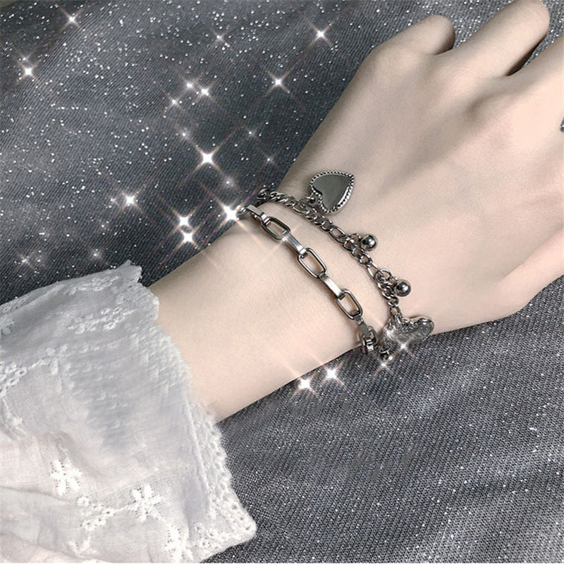 Double Layer Stainless Steel Love Punk Style Silver Color Party Ornament Hand Decoration Bracelet for Women