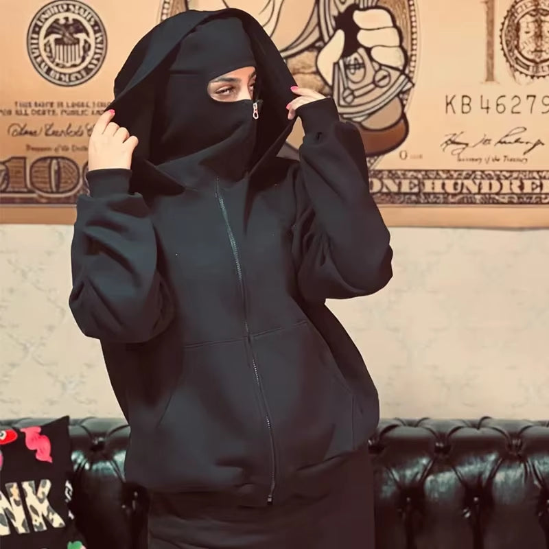 Balaclava Men Zip Hoodie Winter Warm Casual Sweatshirt Y2K with Hooded Face Mask Zipper Design Sports Jacket Outdoor Activities
