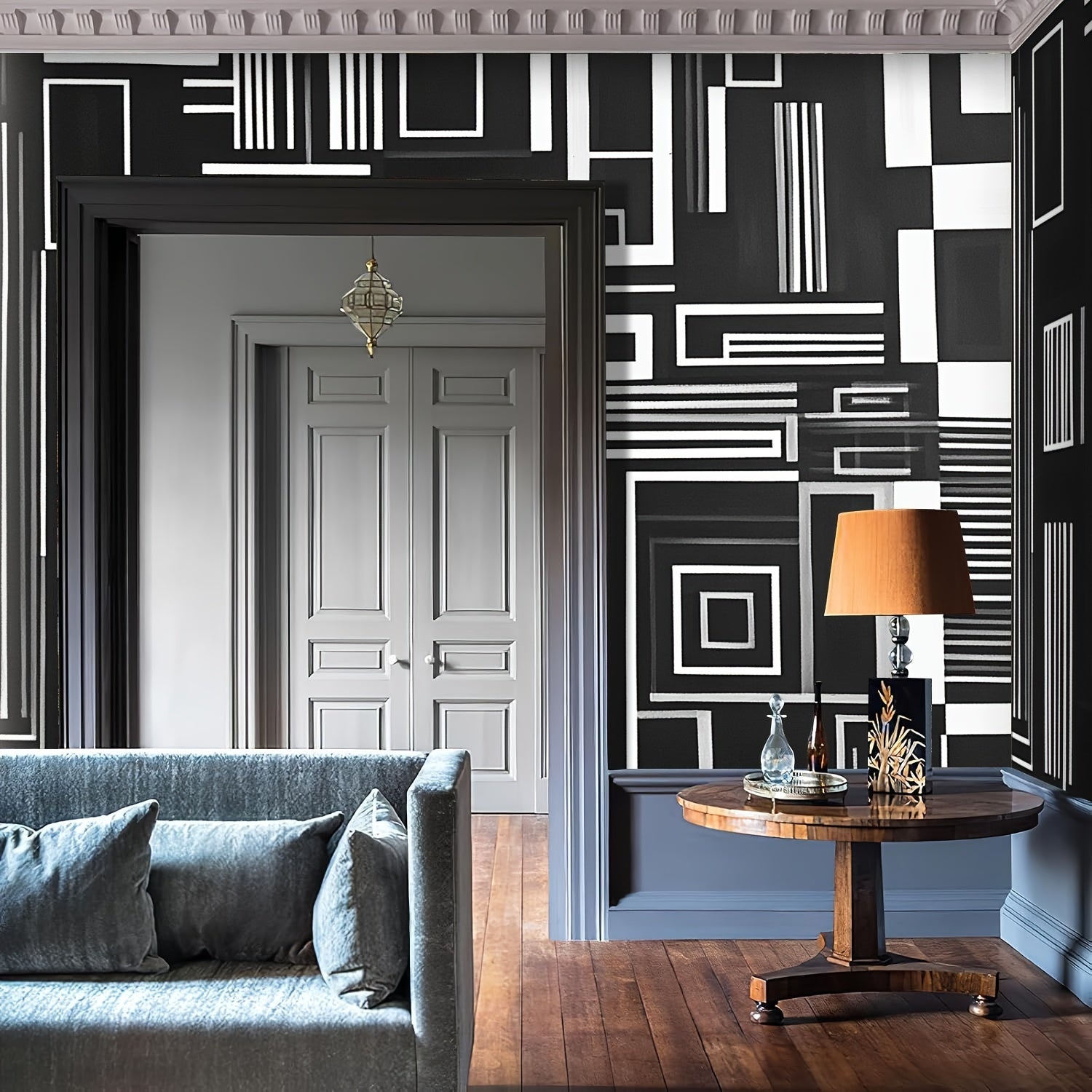 Canvas Wallpaper Modern Minimalist Black Stripes Maze Lines Vintage Boho Charcoal Grey Peel & Stick Wallpaper Self-Adhesive Removable Wall Decor for Living Room Bedroom - 100" x 144", Made in the USA