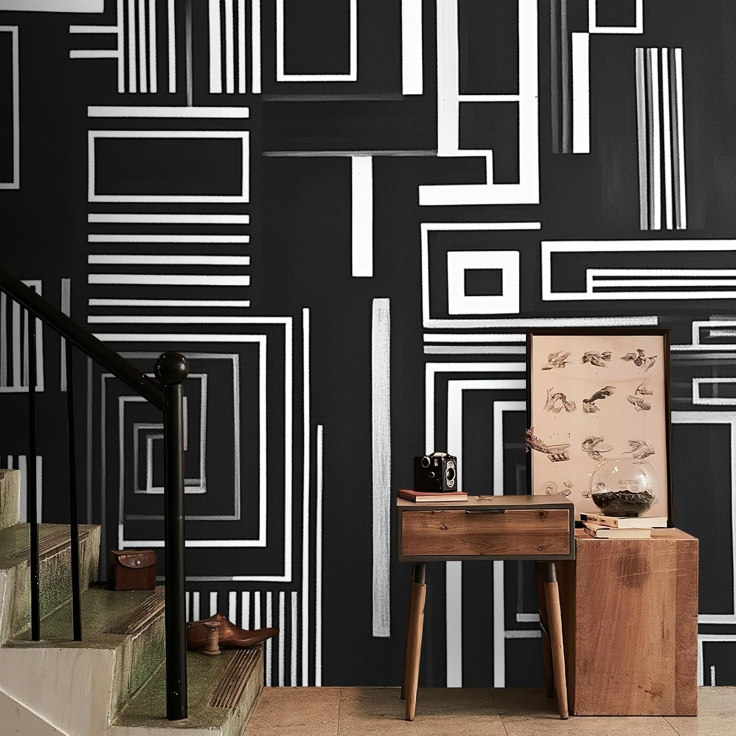 Canvas Wallpaper Modern Minimalist Black Stripes Maze Lines Vintage Boho Charcoal Grey Peel & Stick Wallpaper Self-Adhesive Removable Wall Decor for Living Room Bedroom - 100" x 144", Made in the USA