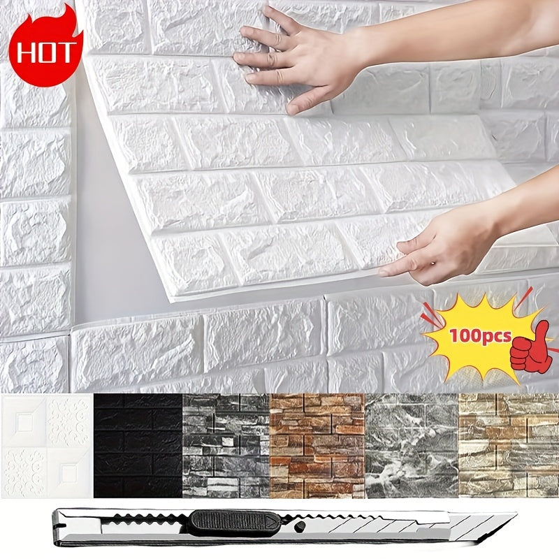 100pcs DIY 3D Wall Sticker Wallpaper, Wall Panel With Knife Foam Soft Brick Self Adhesive Waterproof Mould Proof Room Home Living Room Bahtroom Kitchen Bedding Room Decoration