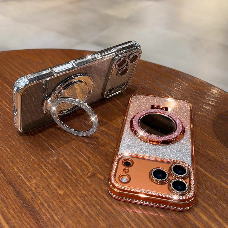 For Magsafe Glitter Diamond Mirror Bracket Case for Iphone 17 16 15 Pro Max 14 plus Air 11 12 13 Stand Make up Lens Film Cover